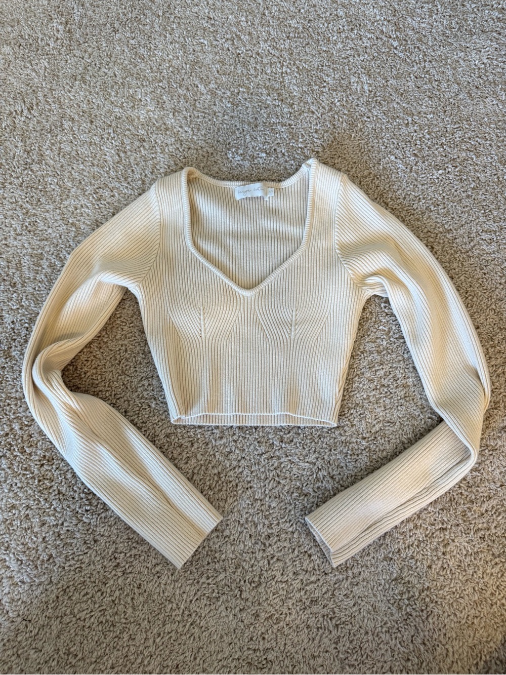 American Threads Cream Ribbed V-Neck Cropped Top